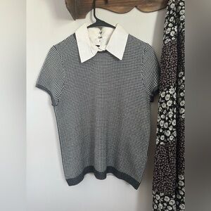 Alice + Olivia Black and White Houndstooth Blouse with removable collar